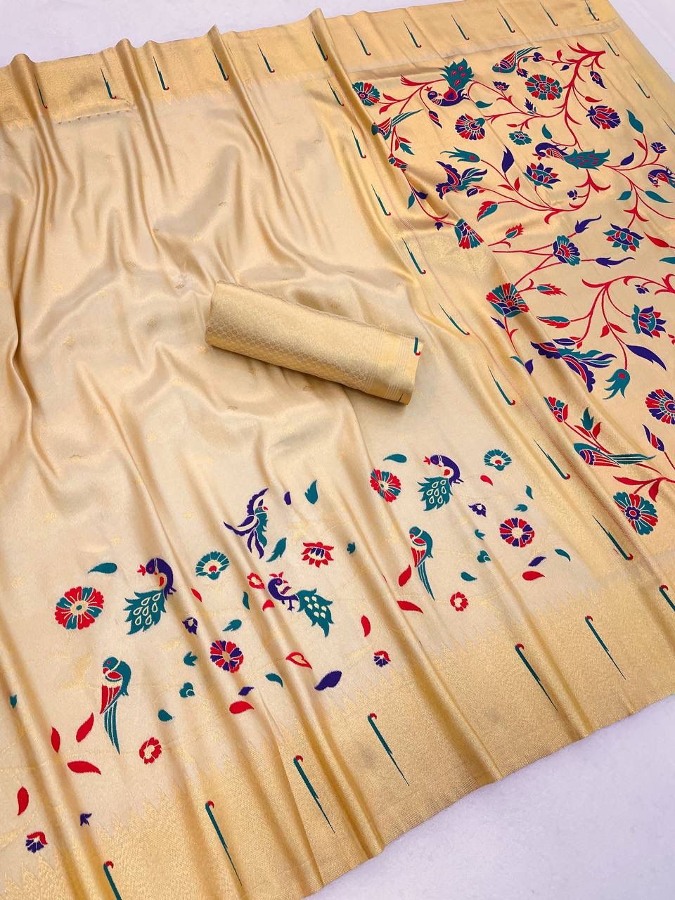 Extraordinary Beige Tissue Silk Paithani Saree With Dissemble Blouse Piece
