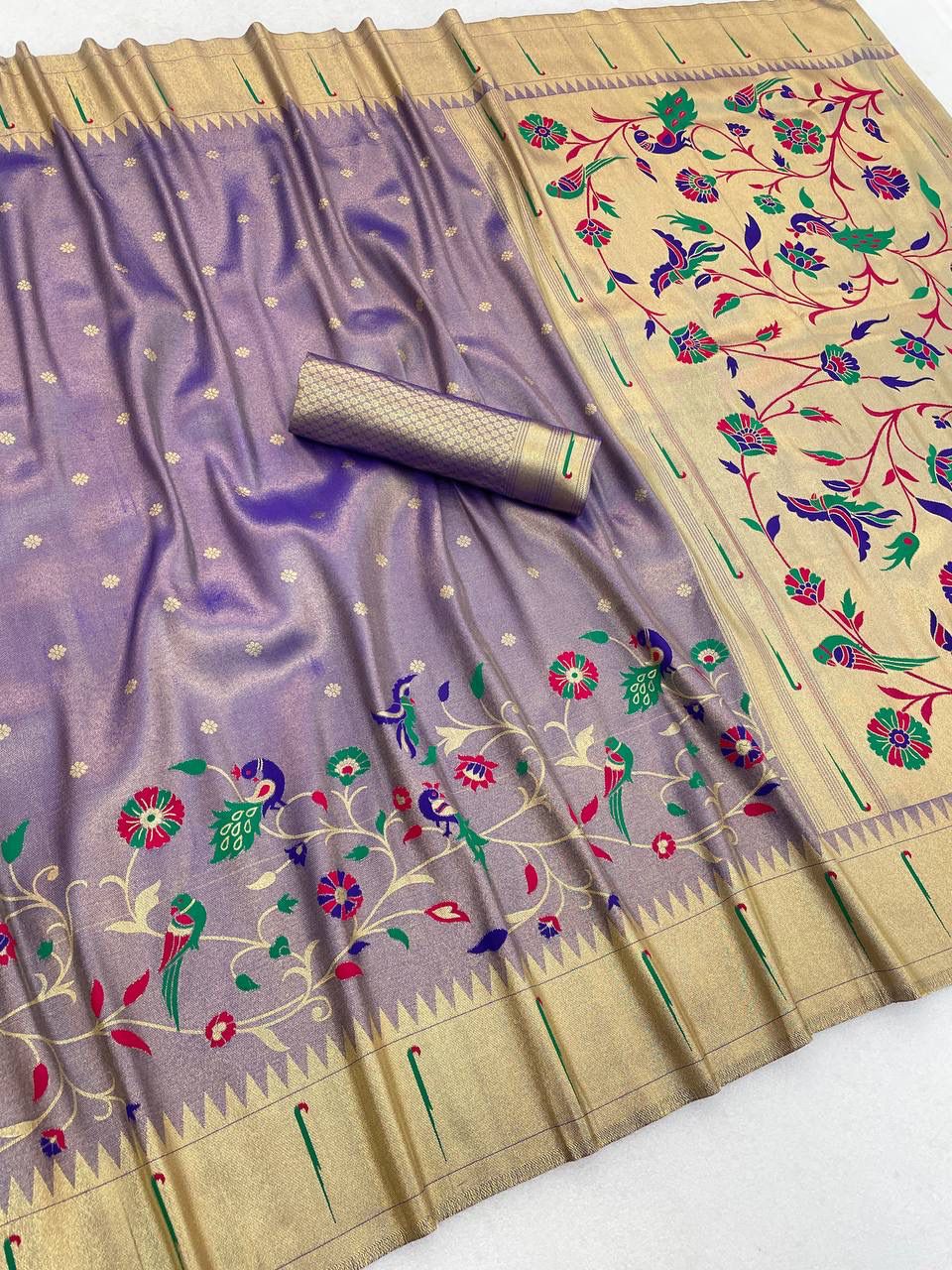 Magnificat Lavender Tissue Silk Paithani Saree With Rhapsody Blouse Piece