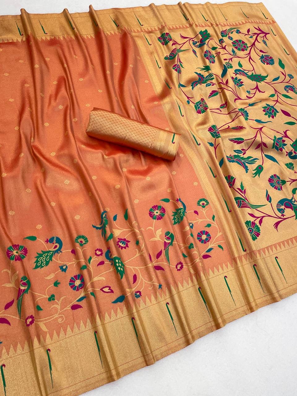 Profuse Peach Tissue Silk Paithani Saree With Enchanting Blouse Piece