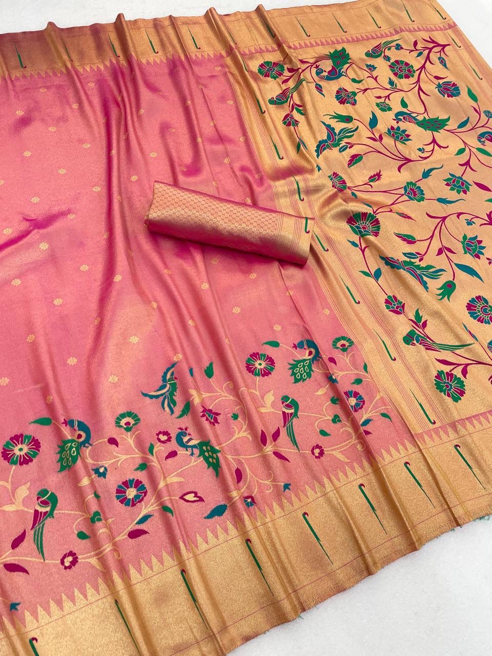 Whimsical Pink Tissue Silk Paithani Saree With Enthralling Blouse Piece