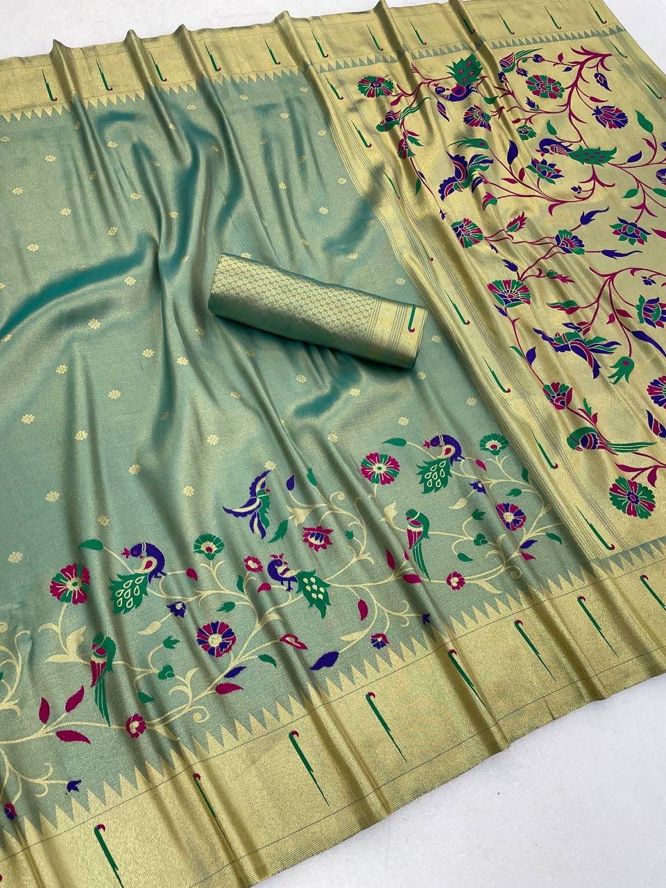 Marvellous Pista Tissue Silk Paithani Saree With Smart Blouse Piece
