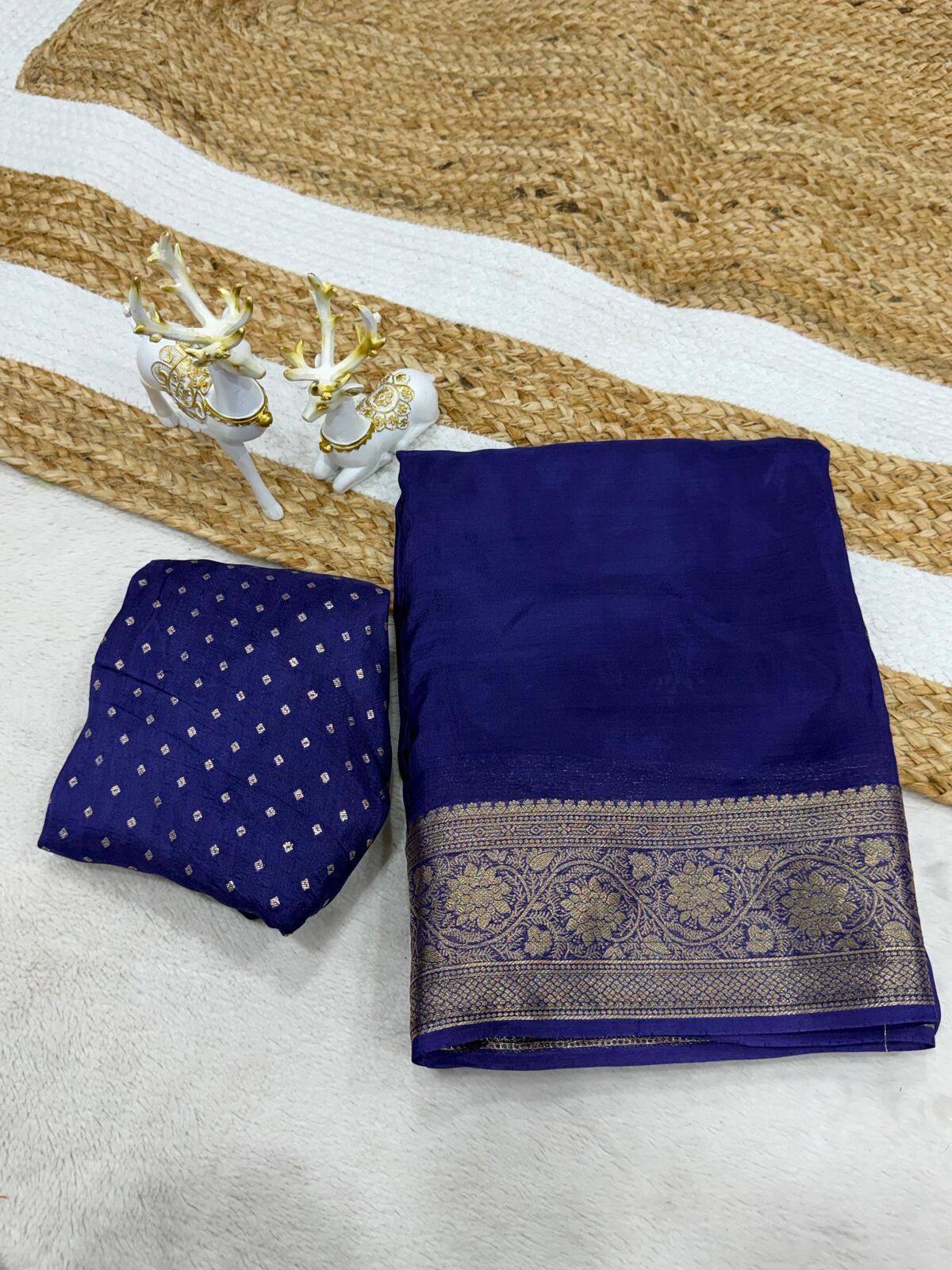 Lagniappe Navy Blue Pure Zari Weaving Banarasi Silk Saree With Improbable Blouse Piece