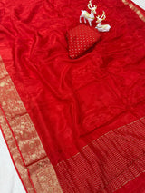 Artistic Red Pure Zari Weaving Banarasi Silk Saree With Dazzling Blouse Piece