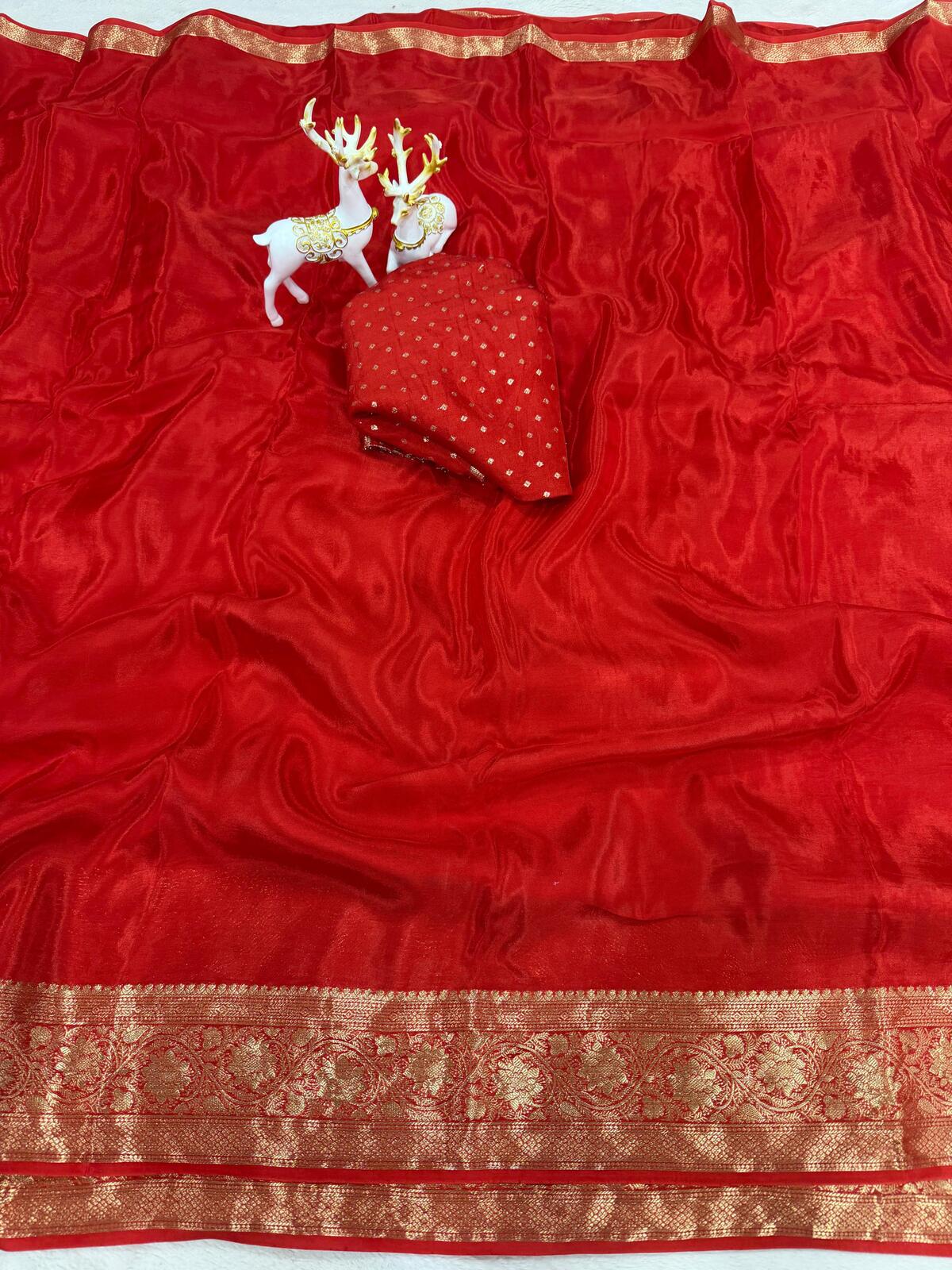 Artistic Red Pure Zari Weaving Banarasi Silk Saree With Dazzling Blouse Piece