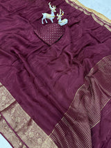 Resplendent Wine Pure Zari Weaving Banarasi Silk Saree With Splendiferous Blouse Piece