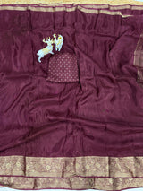 Resplendent Wine Pure Zari Weaving Banarasi Silk Saree With Splendiferous Blouse Piece