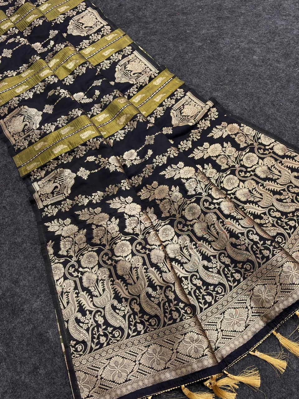 Skinny Black Banarasi Tissue Silk Saree With Seraglio Blouse Piece