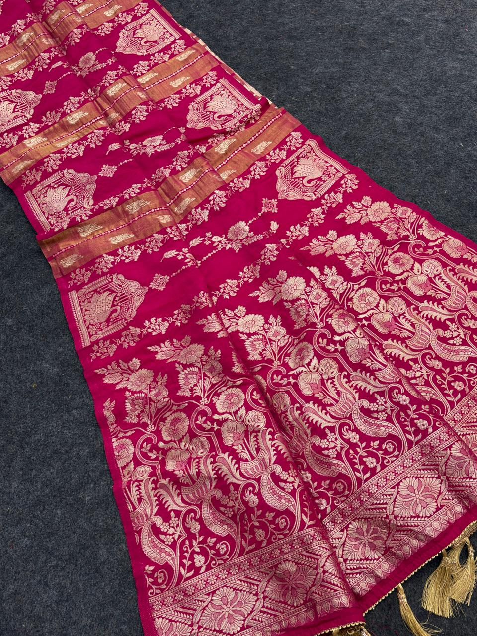 Breathtaking Dark Pink Banarasi Tissue Silk Saree With Desiring Blouse Piece