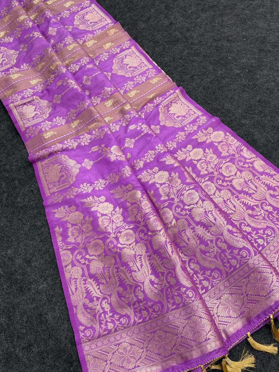 Amiable Lavender Banarasi Tissue Silk Saree With Twirling Blouse Piece