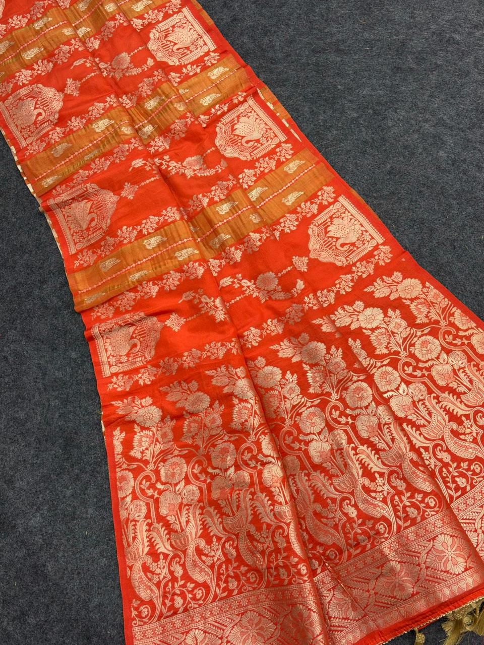 Scintilla Orange Banarasi Tissue Silk Saree With Adorable Blouse Piece