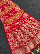Vestigial Red Banarasi Tissue Silk Saree With Phenomenal Blouse Piece