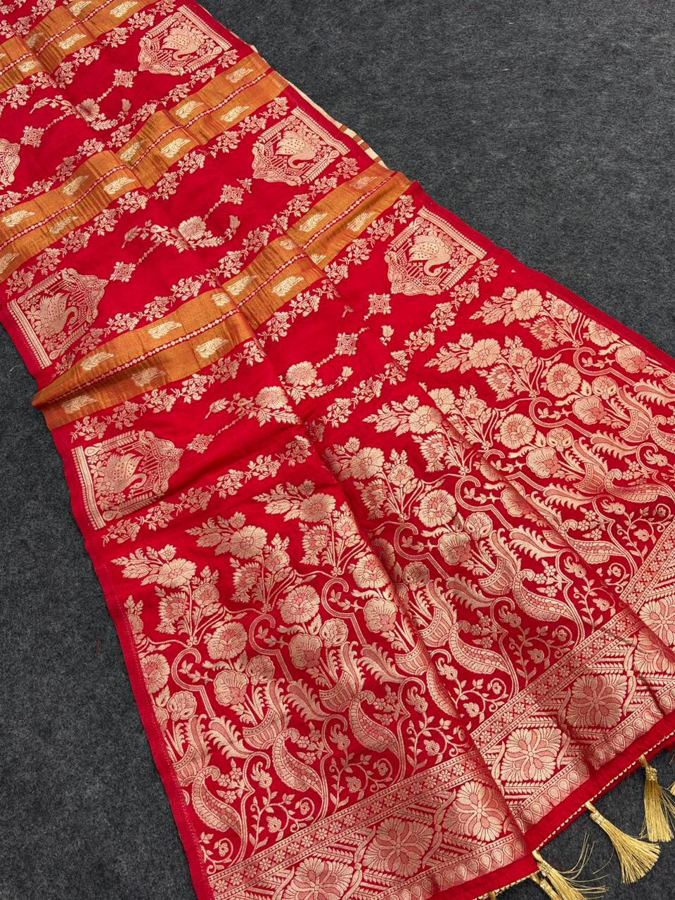 Vestigial Red Banarasi Tissue Silk Saree With Phenomenal Blouse Piece