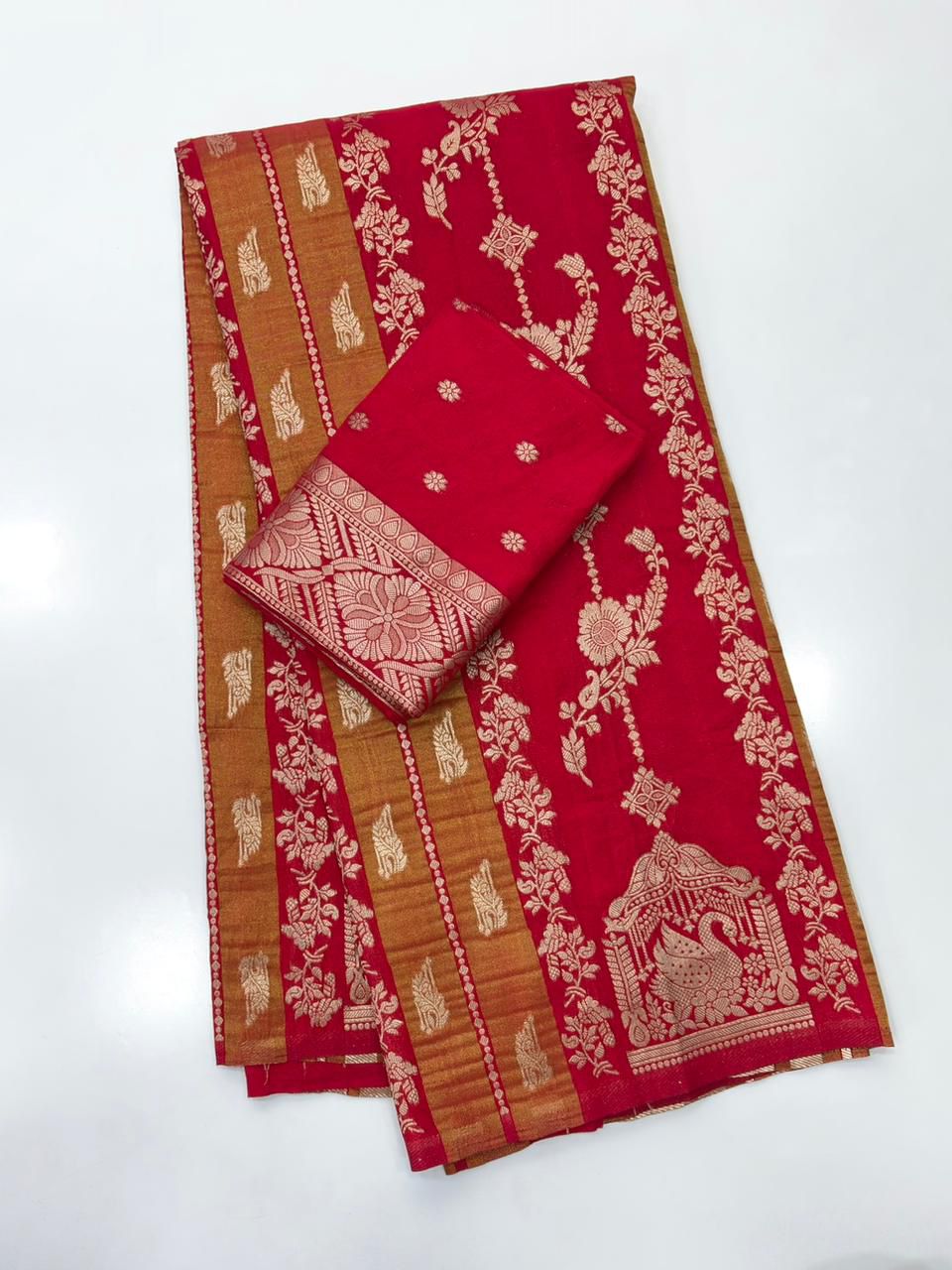 Vestigial Red Banarasi Tissue Silk Saree With Phenomenal Blouse Piece