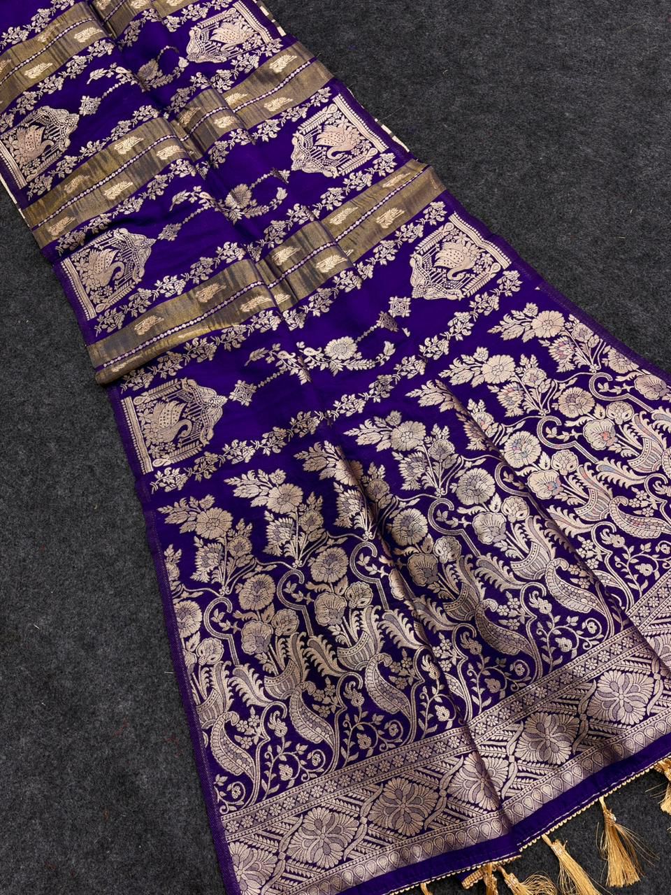 Proficient Royal Blue Banarasi Tissue Silk Saree With Exuberant Blouse Piece