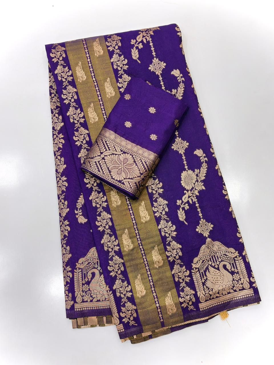 Proficient Royal Blue Banarasi Tissue Silk Saree With Exuberant Blouse Piece