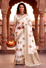 Embrocation Beige Banarasi Khadi Silk Saree With Jazzy Blouse Piece