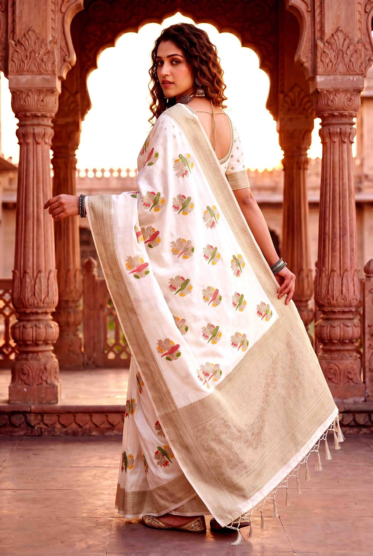 Embrocation Beige Banarasi Khadi Silk Saree With Jazzy Blouse Piece