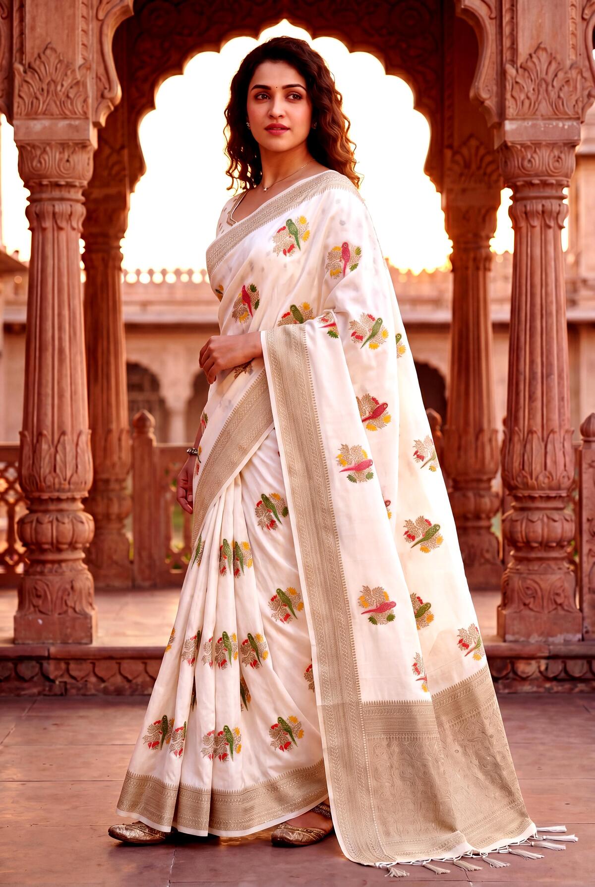 Embrocation Beige Banarasi Khadi Silk Saree With Jazzy Blouse Piece