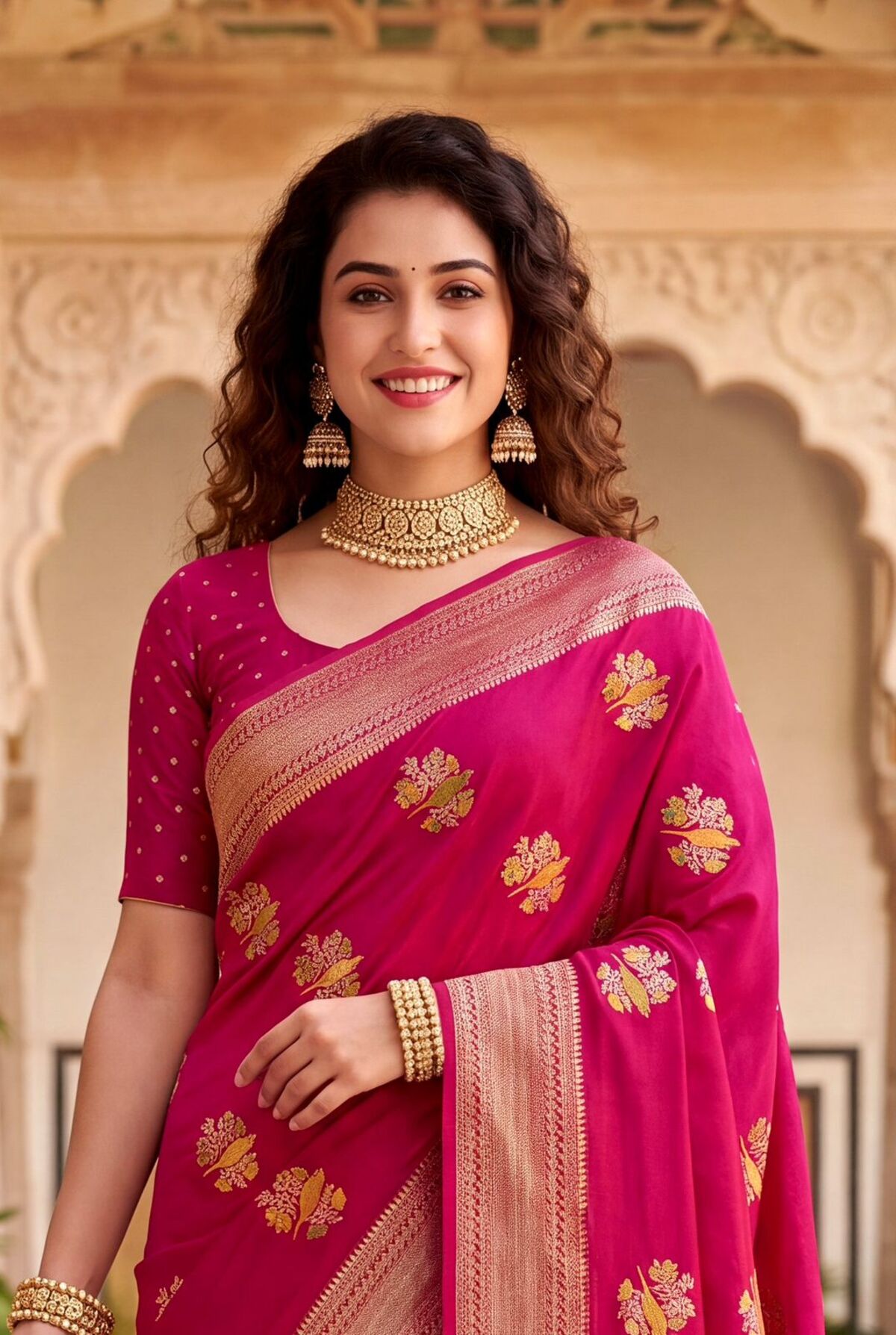 Resonant Dark Pink Banarasi Khadi Silk Saree With Mellifluous Blouse Piece