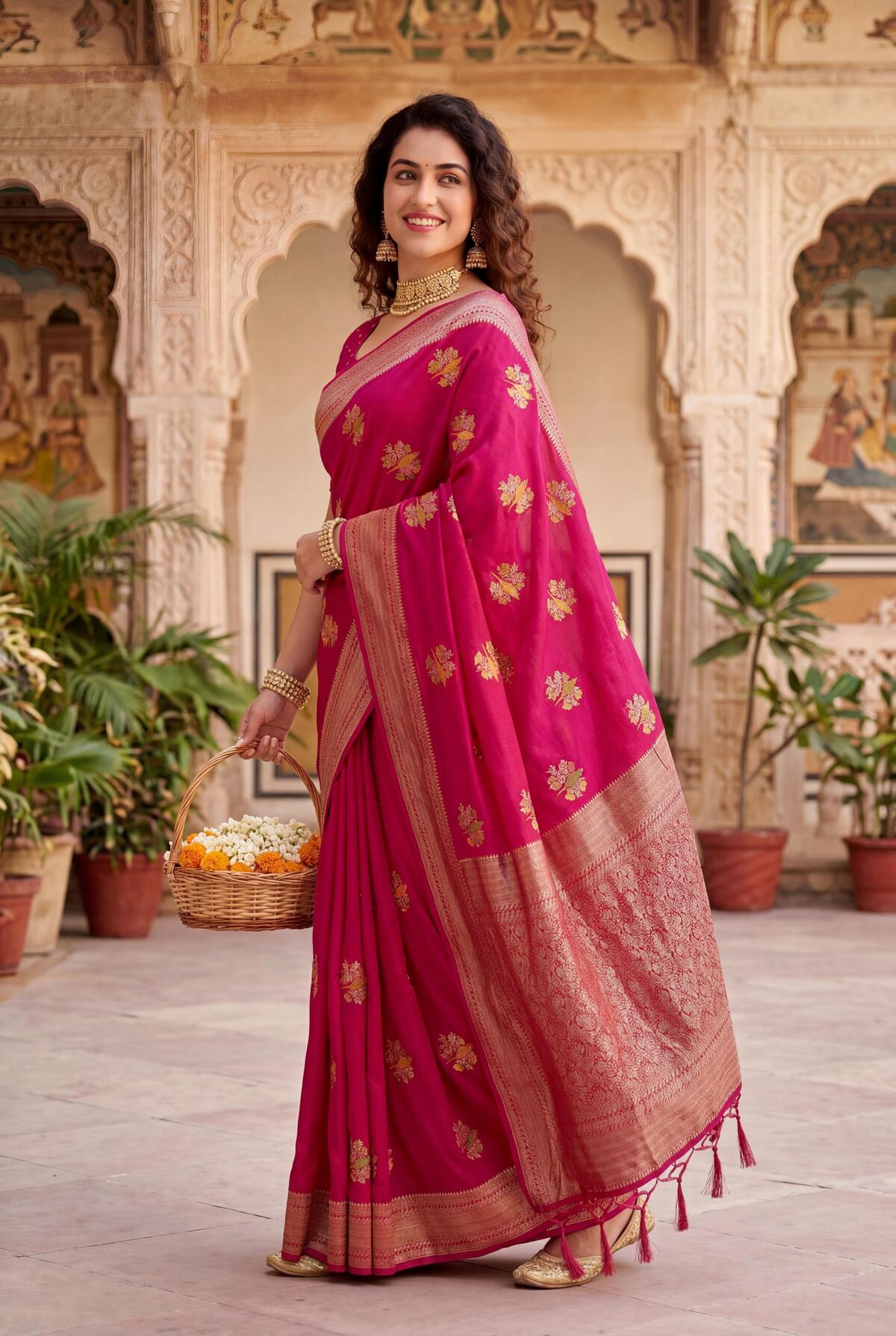 Resonant Dark Pink Banarasi Khadi Silk Saree With Mellifluous Blouse Piece