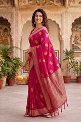Resonant Dark Pink Banarasi Khadi Silk Saree With Mellifluous Blouse Piece