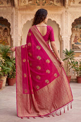 Resonant Dark Pink Banarasi Khadi Silk Saree With Mellifluous Blouse Piece