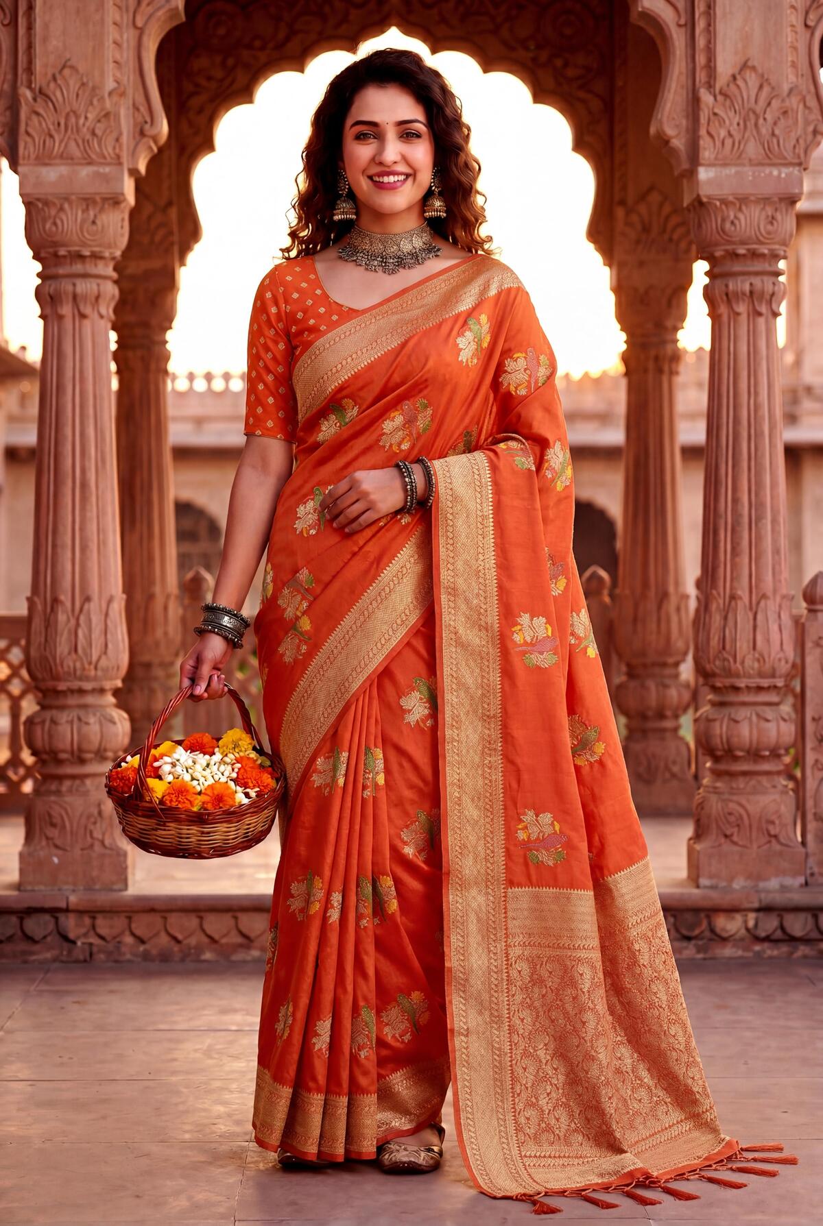 Refreshing Orange Banarasi Khadi Silk Saree With Exuberant Blouse Piece