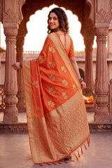 Refreshing Orange Banarasi Khadi Silk Saree With Exuberant Blouse Piece