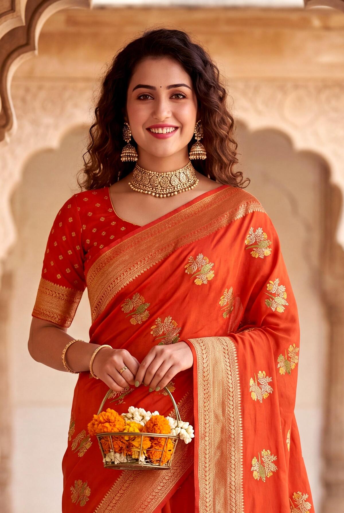 Refreshing Orange Banarasi Khadi Silk Saree With Exuberant Blouse Piece