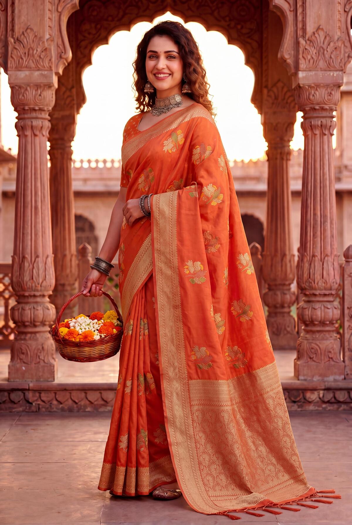 Refreshing Orange Banarasi Khadi Silk Saree With Exuberant Blouse Piece