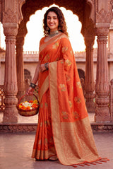 Refreshing Orange Banarasi Khadi Silk Saree With Exuberant Blouse Piece