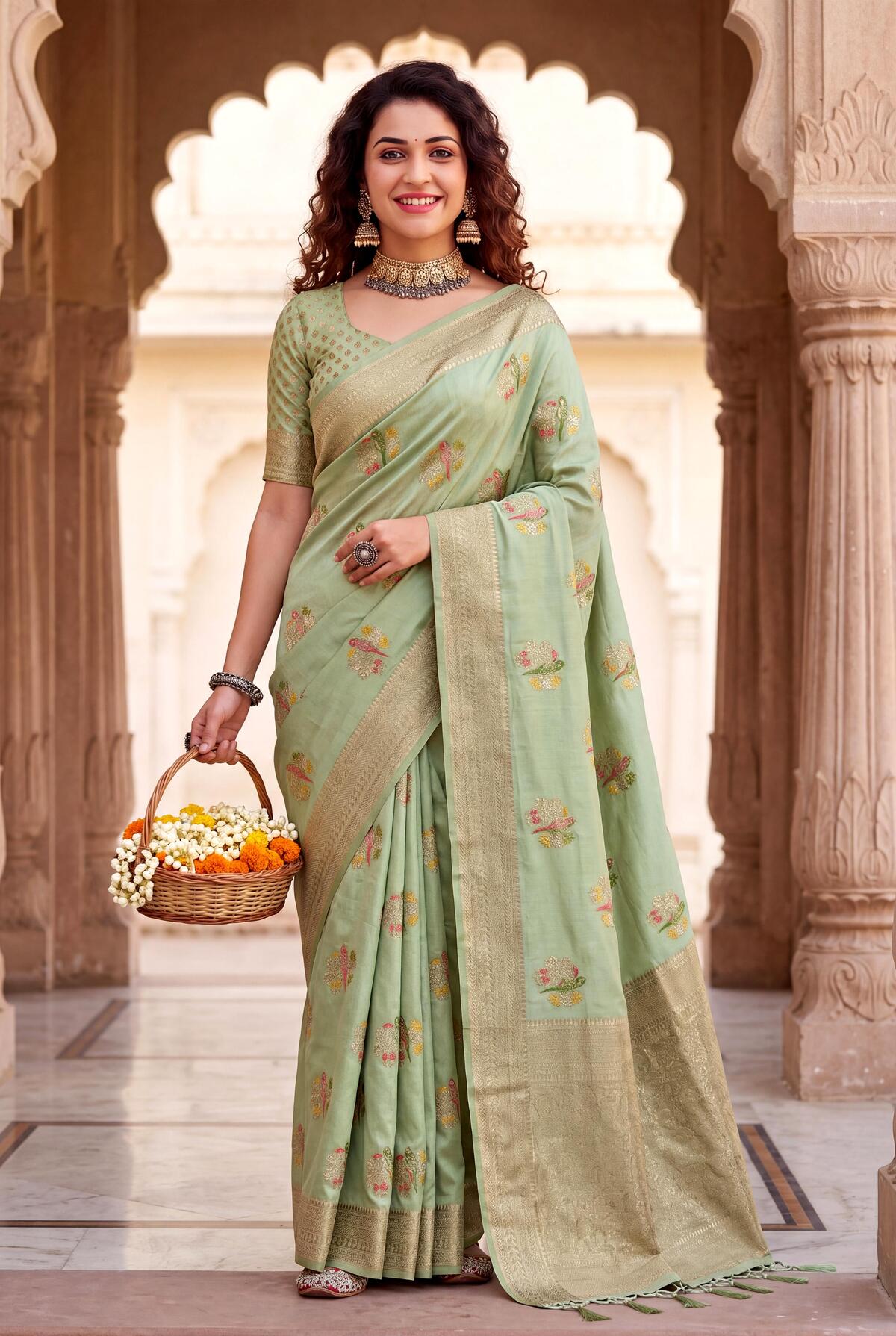 Ratatouille Pista Banarasi Khadi Silk Saree With Gorgeous Blouse Piece