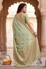 Ratatouille Pista Banarasi Khadi Silk Saree With Gorgeous Blouse Piece