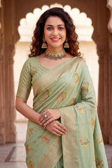 Ratatouille Pista Banarasi Khadi Silk Saree With Gorgeous Blouse Piece