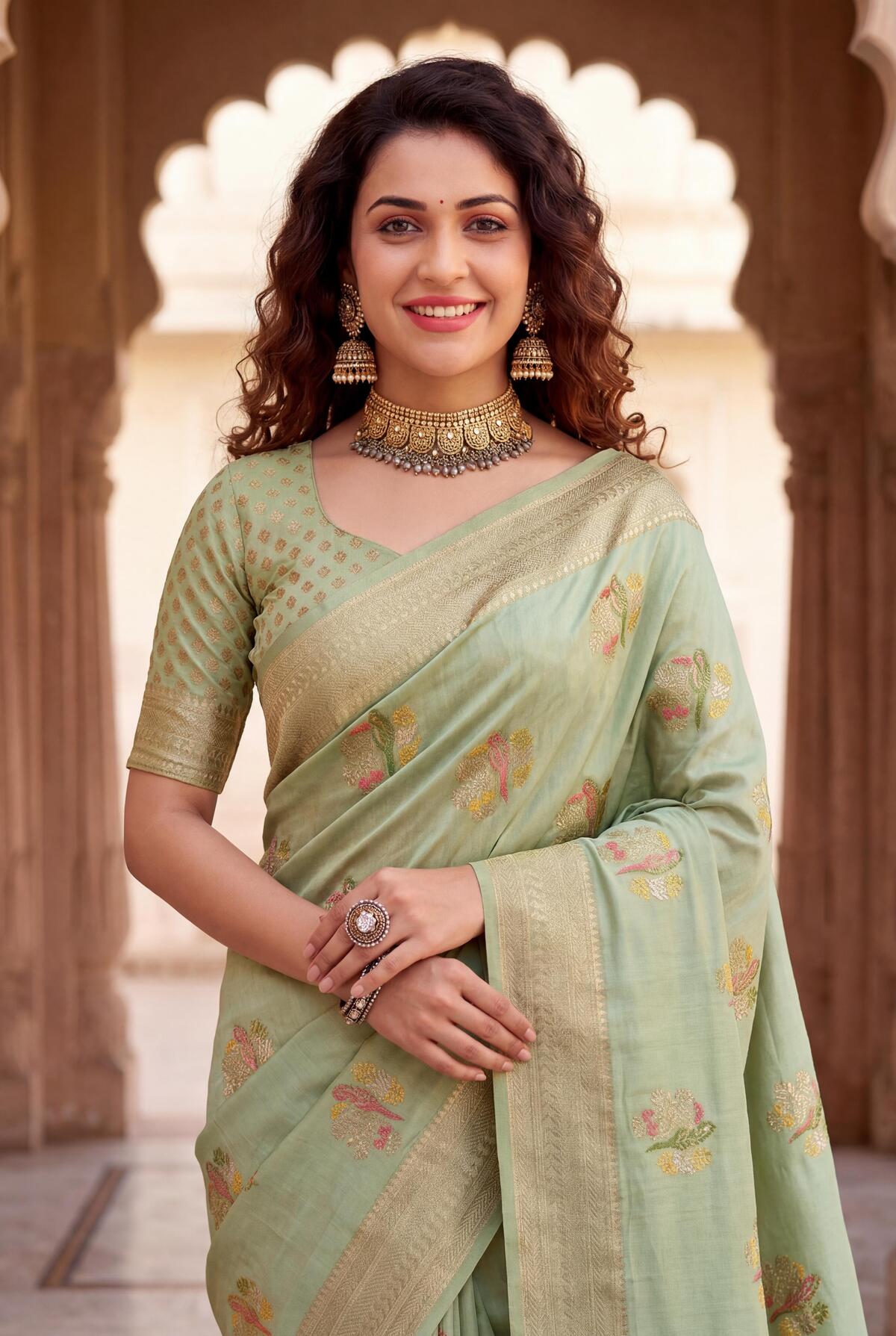 Ratatouille Pista Banarasi Khadi Silk Saree With Gorgeous Blouse Piece