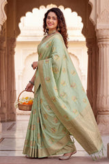 Ratatouille Pista Banarasi Khadi Silk Saree With Gorgeous Blouse Piece