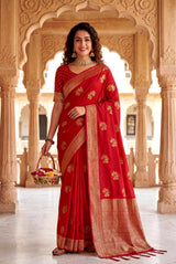 Demesne Red Banarasi Khadi Silk Saree With Skinny Blouse Piece