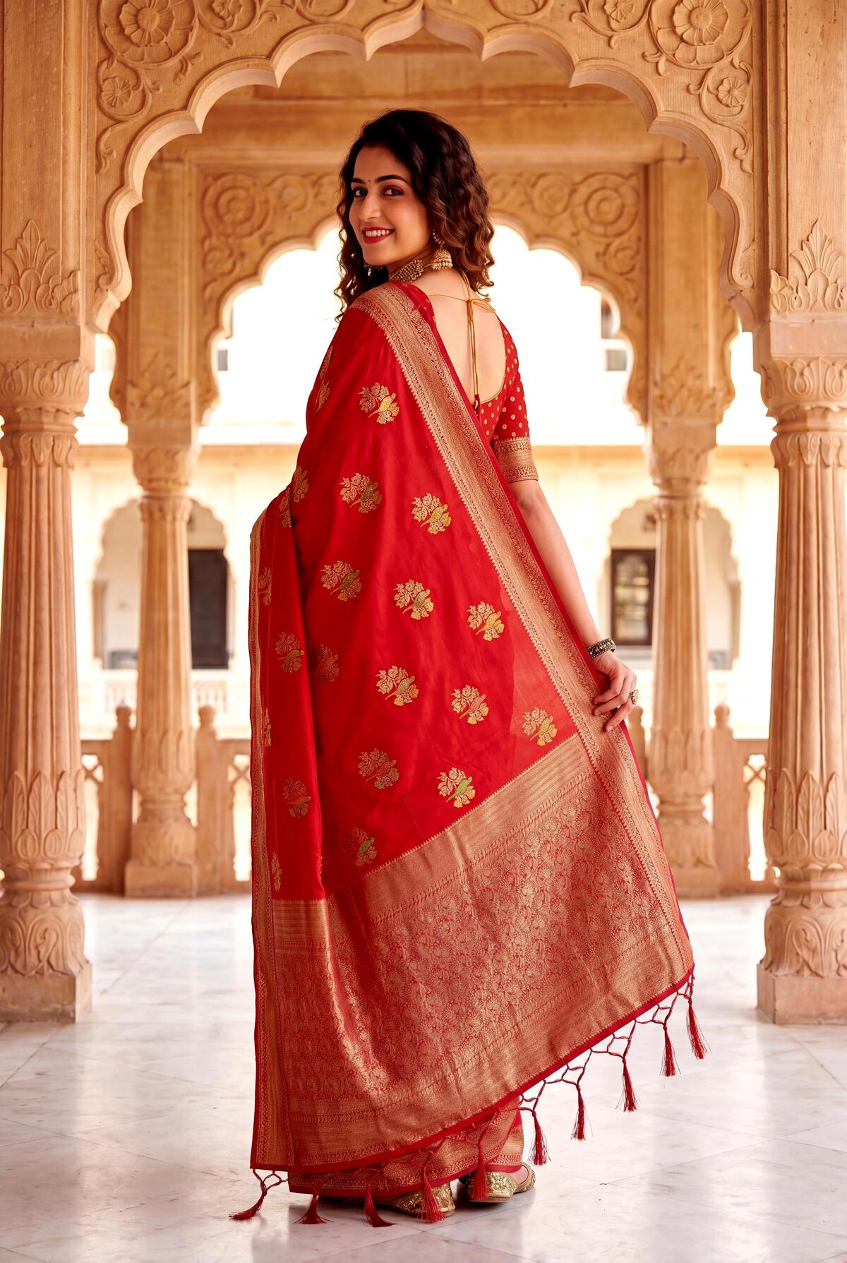 Demesne Red Banarasi Khadi Silk Saree With Skinny Blouse Piece