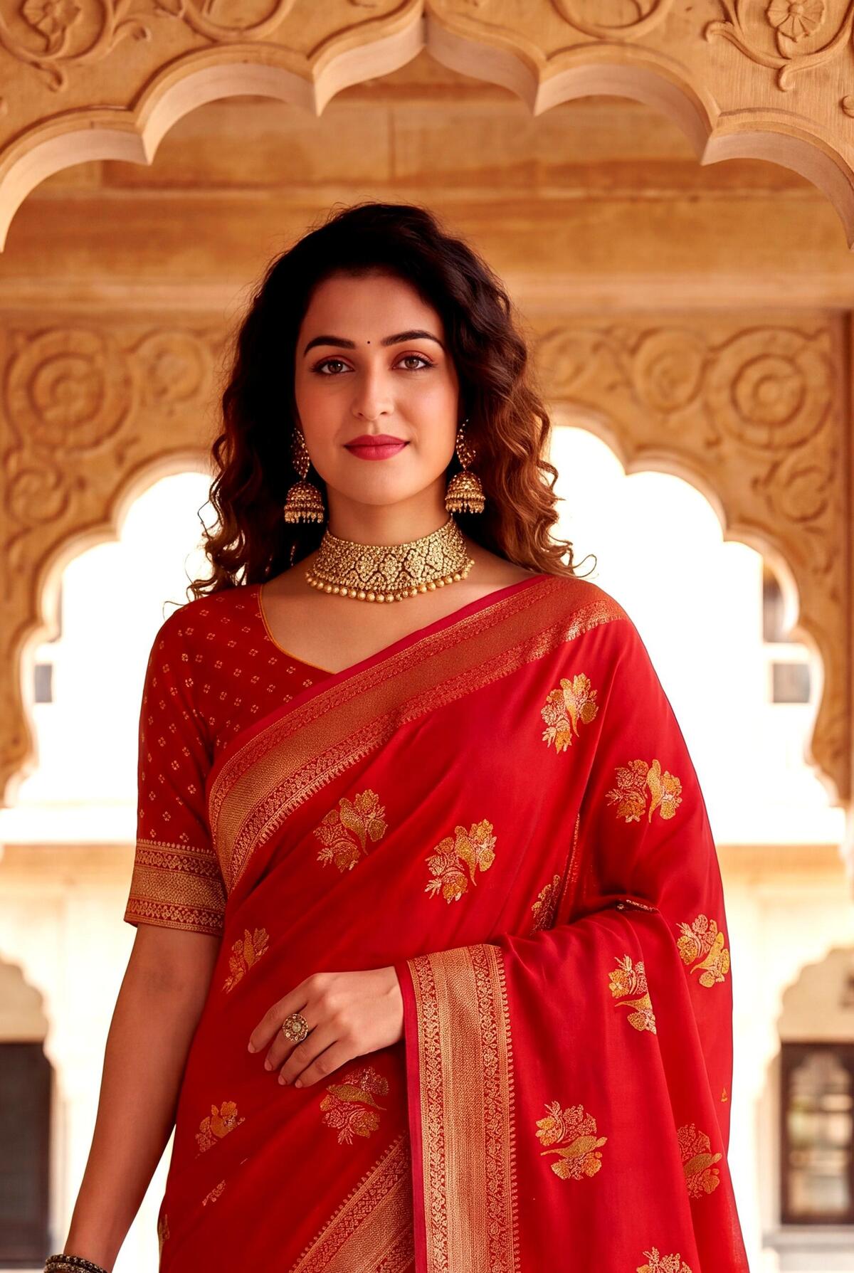 Demesne Red Banarasi Khadi Silk Saree With Skinny Blouse Piece