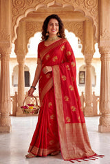 Demesne Red Banarasi Khadi Silk Saree With Skinny Blouse Piece