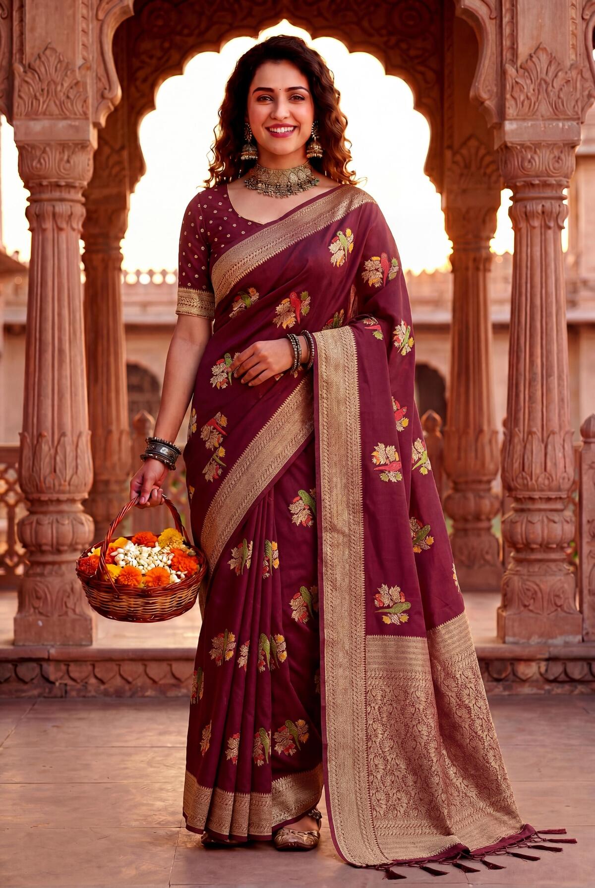 Captivating Wine Banarasi Khadi Silk Saree With Arresting Blouse Piece