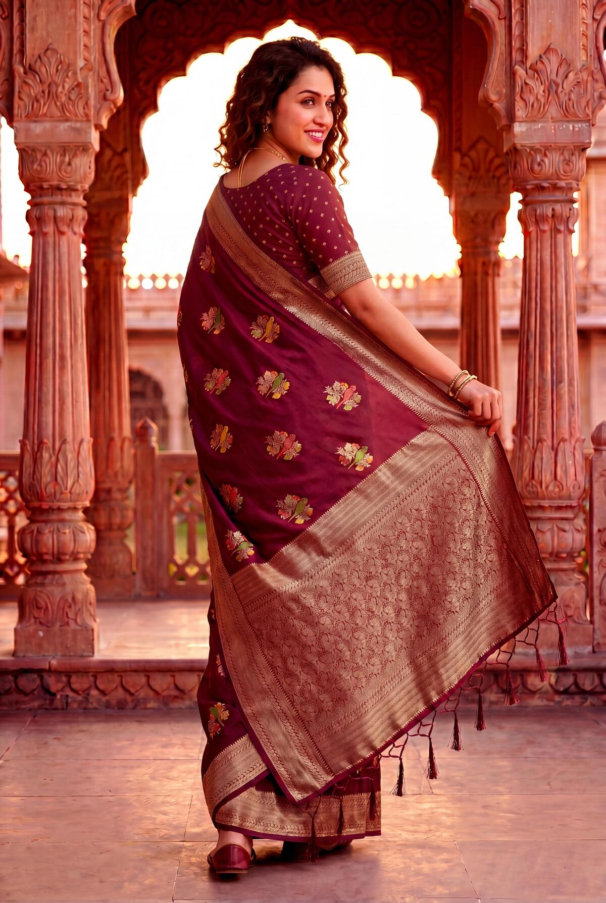 Captivating Wine Banarasi Khadi Silk Saree With Arresting Blouse Piece