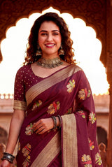 Captivating Wine Banarasi Khadi Silk Saree With Arresting Blouse Piece