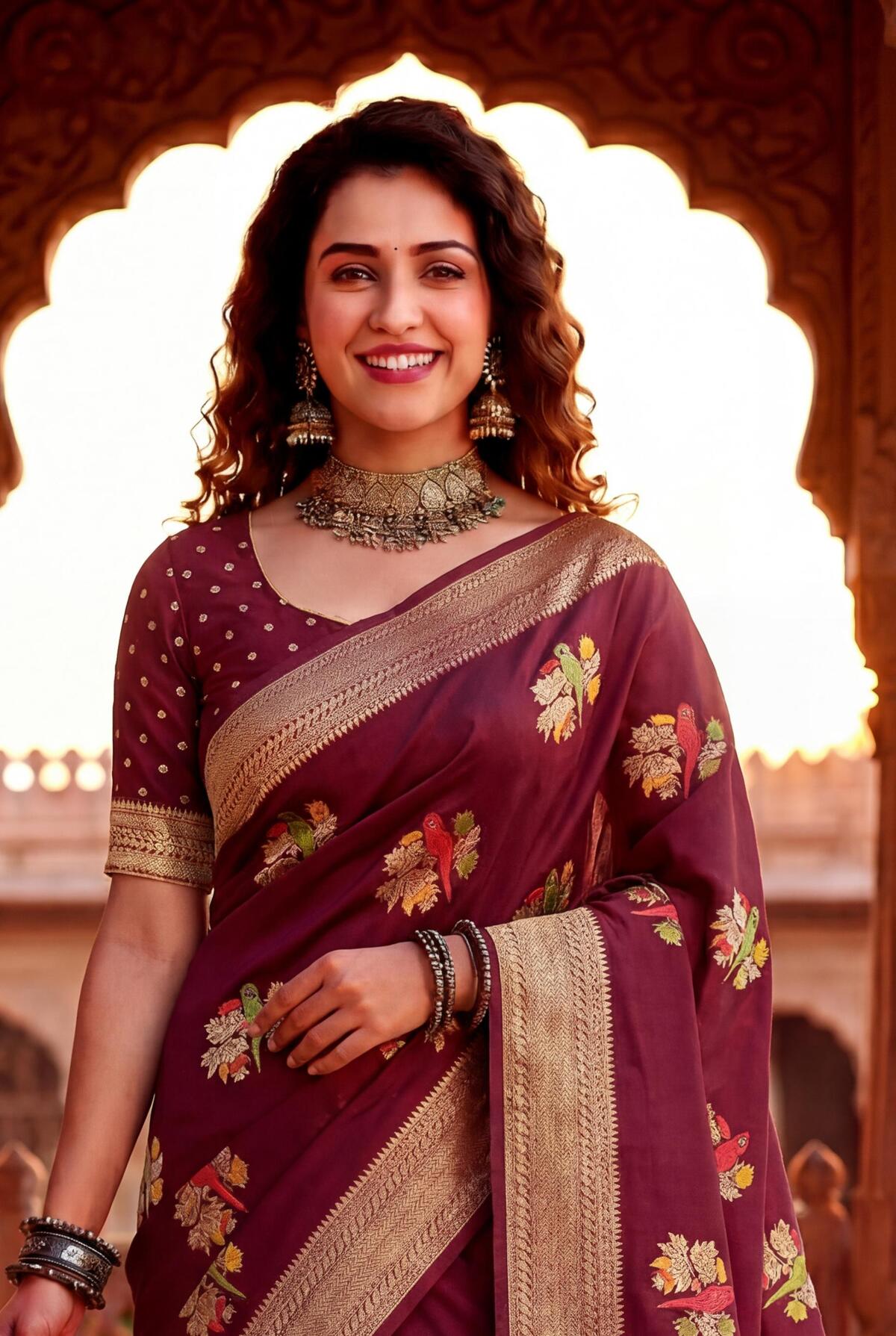 Captivating Wine Banarasi Khadi Silk Saree With Arresting Blouse Piece