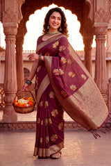 Captivating Wine Banarasi Khadi Silk Saree With Arresting Blouse Piece