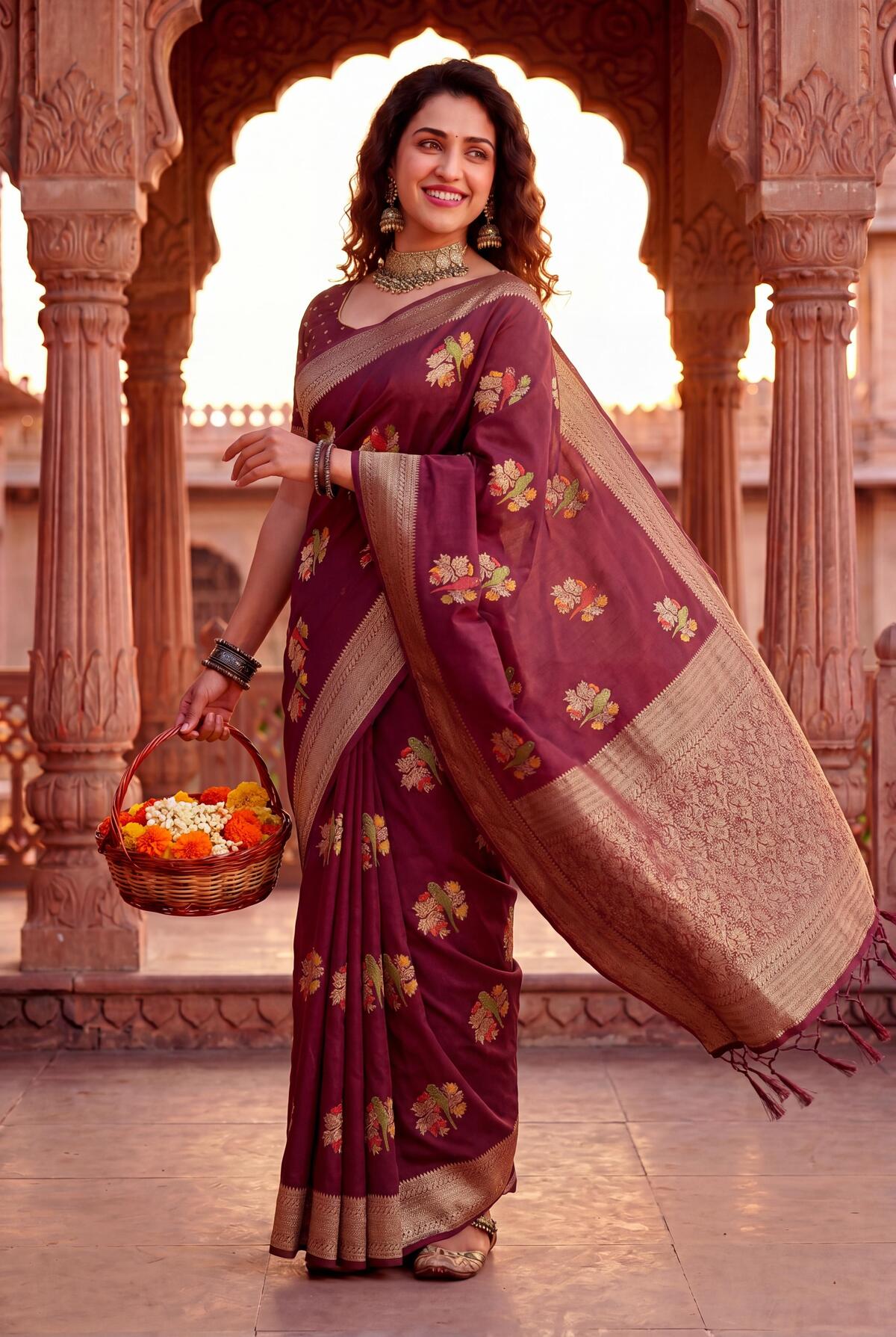 Captivating Wine Banarasi Khadi Silk Saree With Arresting Blouse Piece