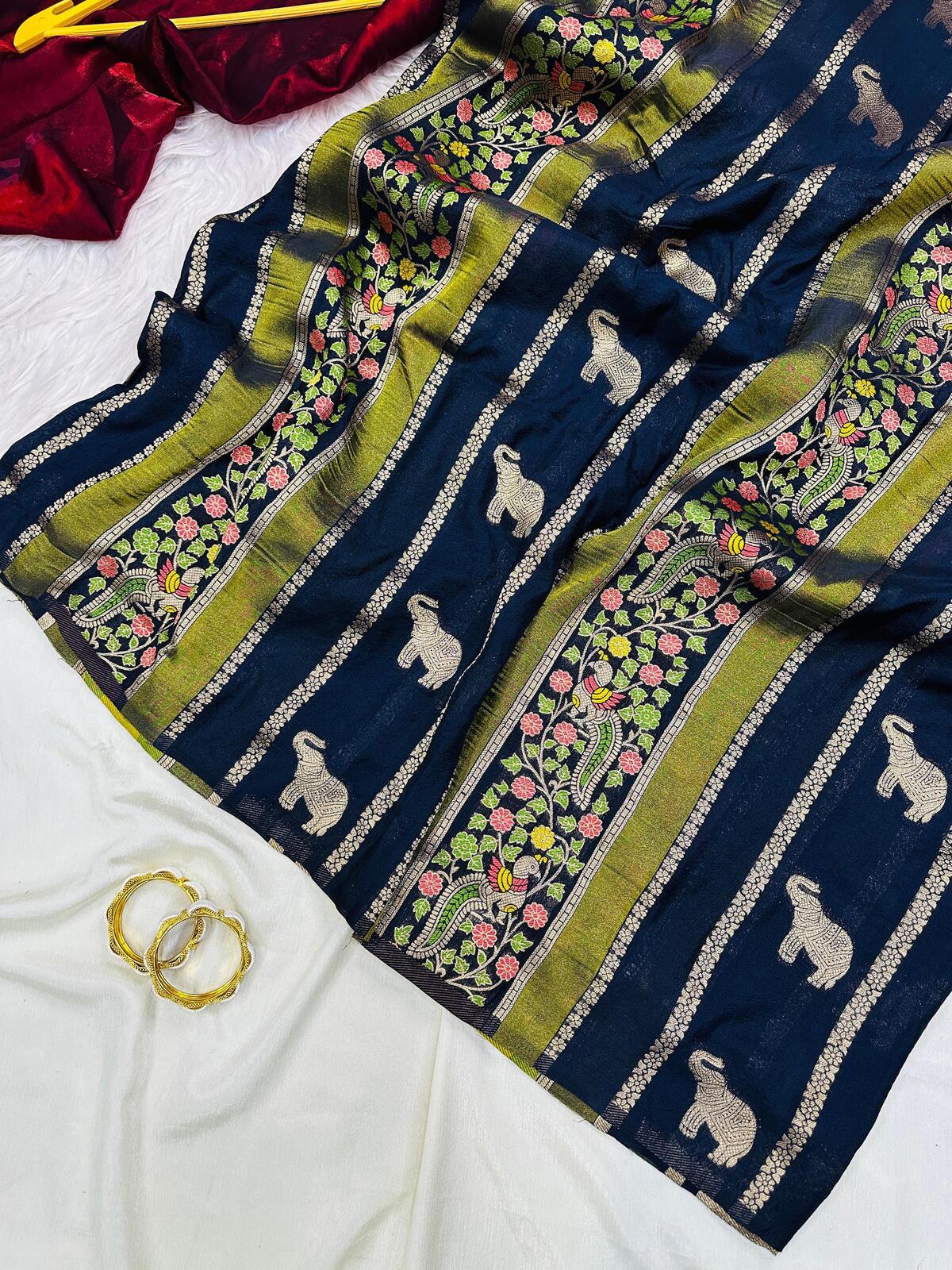 Panache Navy Blue Banarasi Tissue Silk Saree With Fancifull Blouse Piece