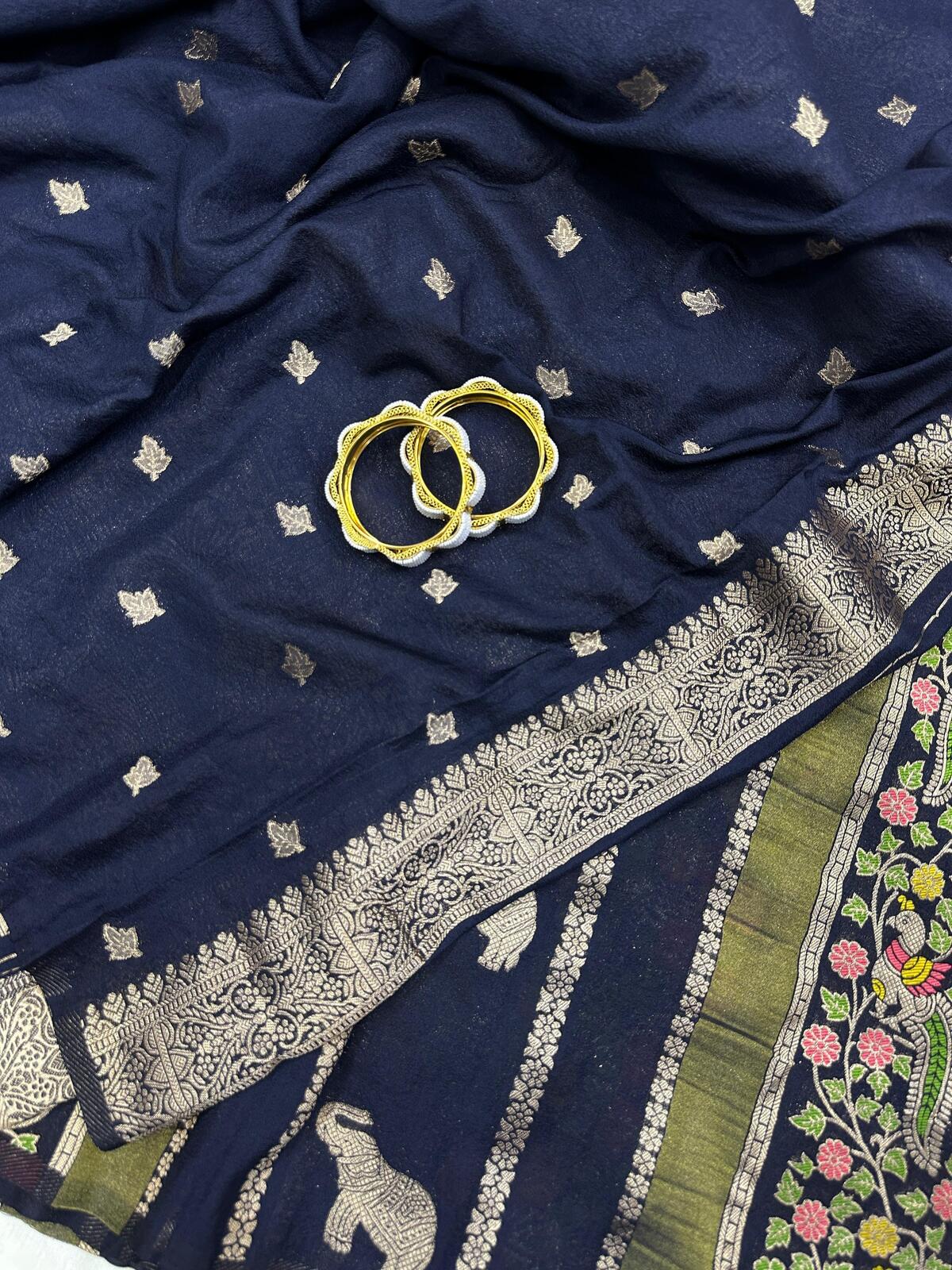Panache Navy Blue Banarasi Tissue Silk Saree With Fancifull Blouse Piece