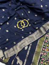 Panache Navy Blue Banarasi Tissue Silk Saree With Fancifull Blouse Piece