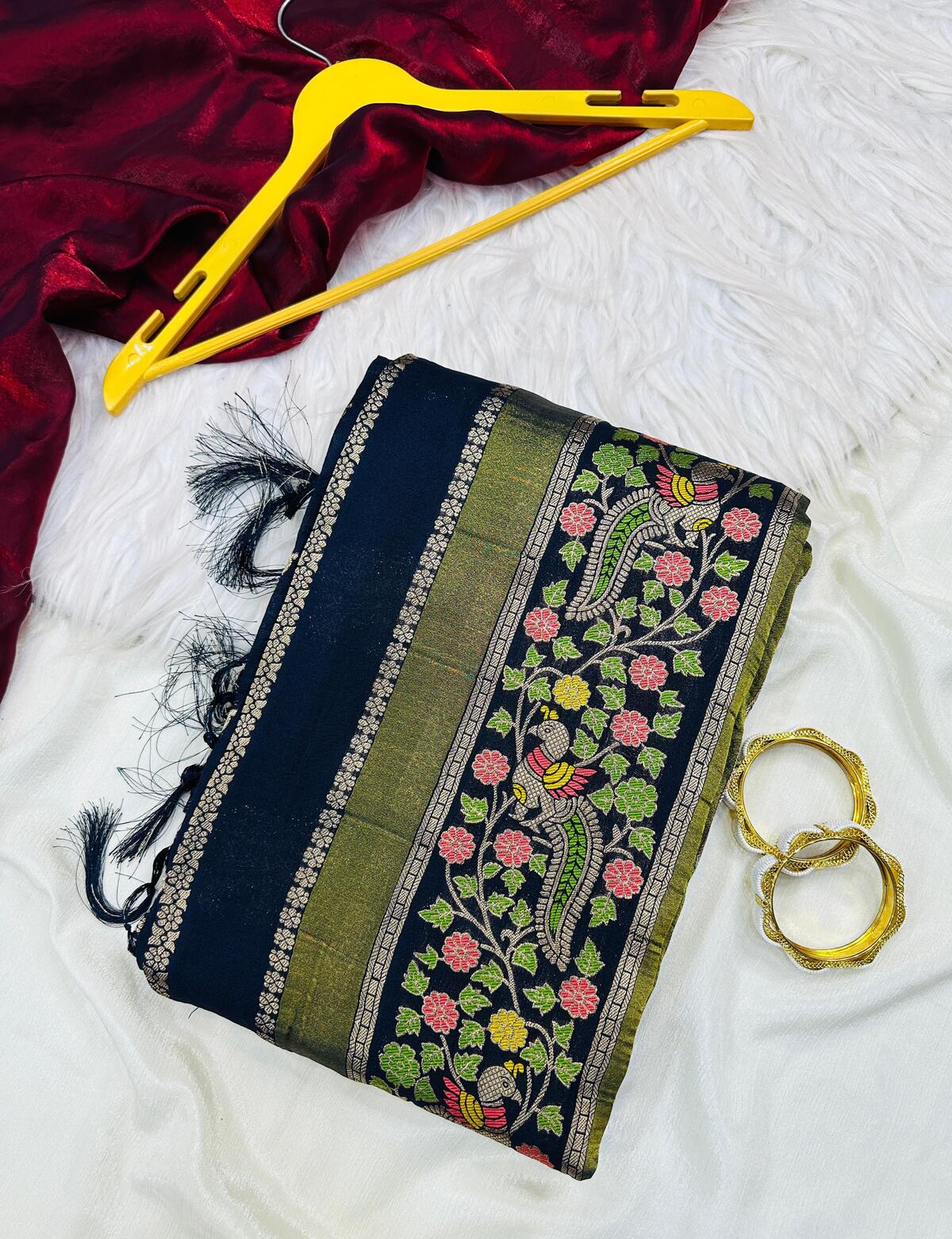 Panache Navy Blue Banarasi Tissue Silk Saree With Fancifull Blouse Piece